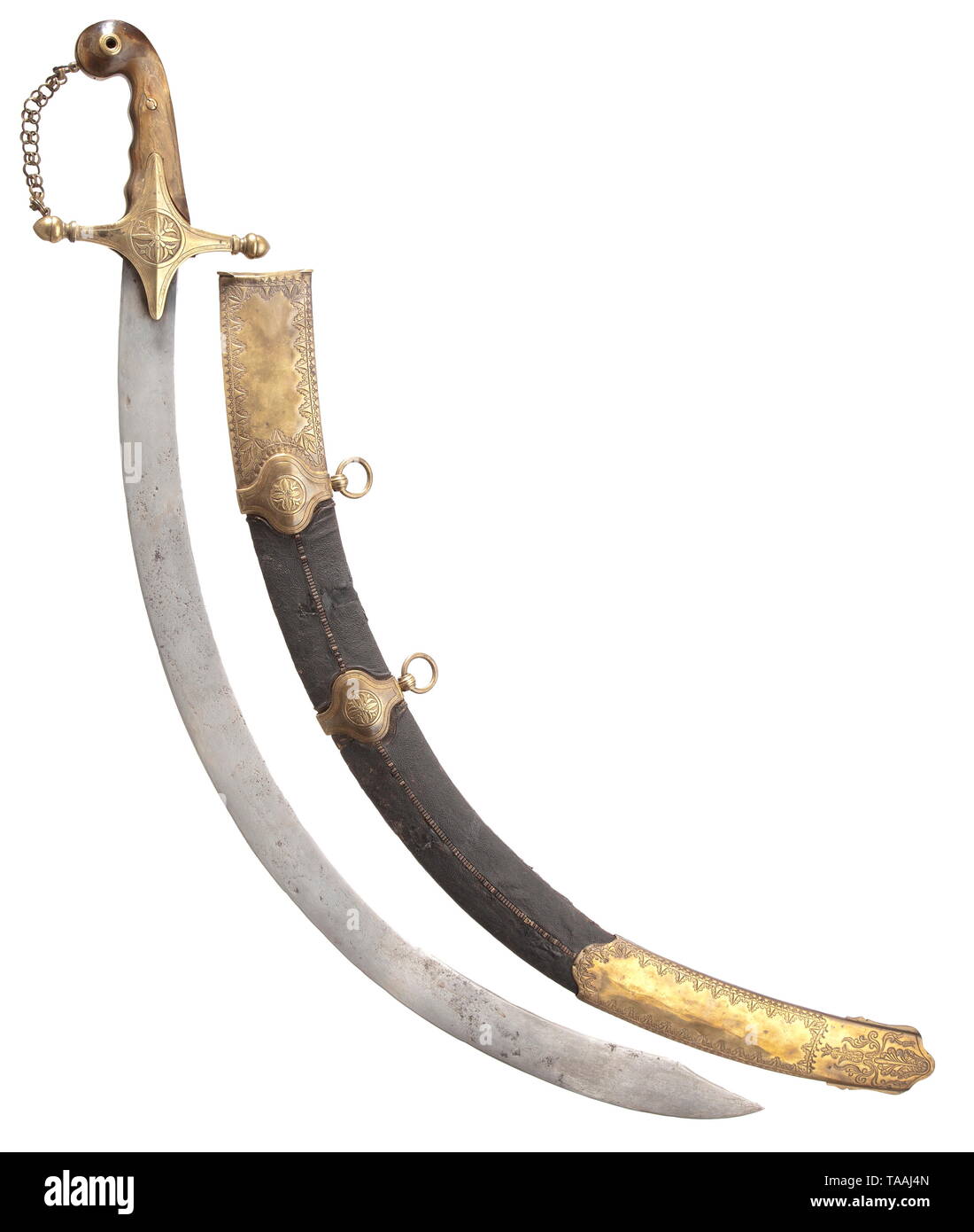 A Damascus presentation sabre for a high-ranking officer, from the Wars of Liberation, circa 1813 Broad, strongly curved blade of wild Damascus (pitting) with a protrusion and pandour point, the manufacturer's mark in the shape of four juxtaposed upright crescents on the obverse. Large gilt non-ferrous metal hilt with chain and riveted horn grip panels (damaged). In the original scabbard, covered in blackened ray skin, gilt non-ferrous metal fittings with a punched palmette frieze, two movable suspension rings. Slightly damaged in places, showing signs of age. Length circa , Editorial-Use-Only Stock Photo