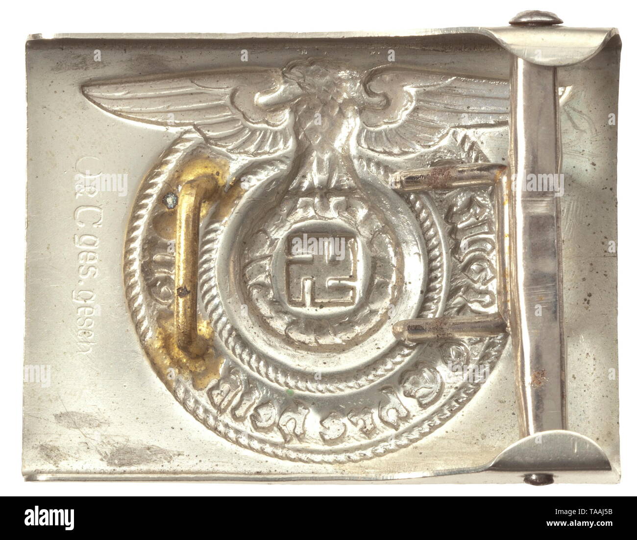 A belt for enlisted men/NCOs of the Allgemeine SS Early nickel belt buckle of maker Overhoff & Cie, on reverse side stamped 'O&C ges.gesch', with the belt made of black patent leather, with inside stamp 'SS L2/682/38 RZM' with two belt loops. Good condition. historic, historical, 20th century, 1930s, 1940s, Waffen-SS, armed division of the SS, armed service, armed services, NS, National Socialism, Nazism, Third Reich, German Reich, Germany, military, militaria, utensil, piece of equipment, utensils, object, objects, stills, clipping, clippings, cut out, cut-out, cut-outs, f, Editorial-Use-Only Stock Photo