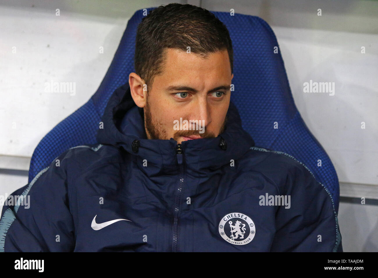 KYIV, UKRAINE - MARCH 14, 2019: Chelsea leader Eden Hazard seats on a bench during the UEFA Europa League game against FC Dynamo Kyiv at NSC Olimpiysk Stock Photo