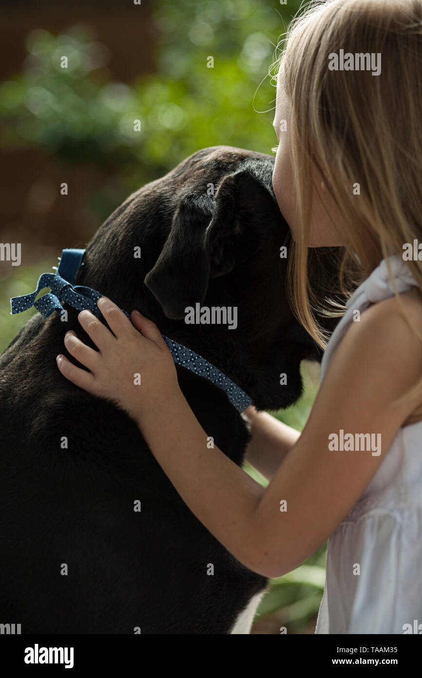 Young girl kissing dog on the head Stock Photo Alamy