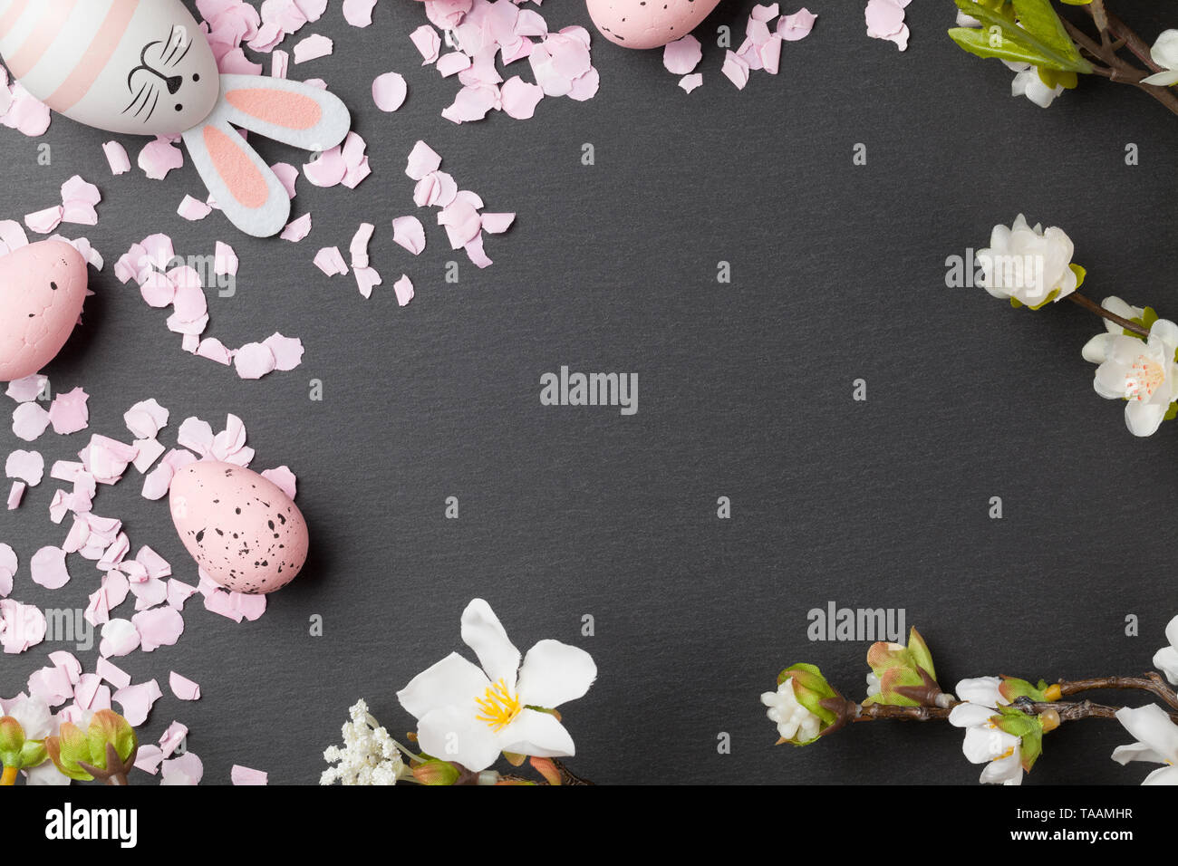 Easter background with easter bunnies and easter eggs Stock Photo