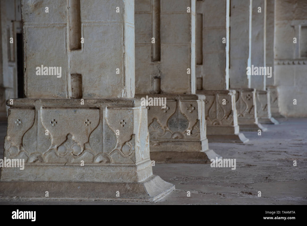 Decorative Rajput-style temple columns line the Ratan Mahal (First Floor) of Garh Palace, Bundi, Rajasthan, Western India, Asia. Stock Photo