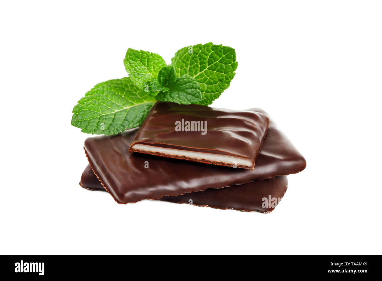 Peppermint chocolate bar with mint leaf isolated on white background Stock Photo