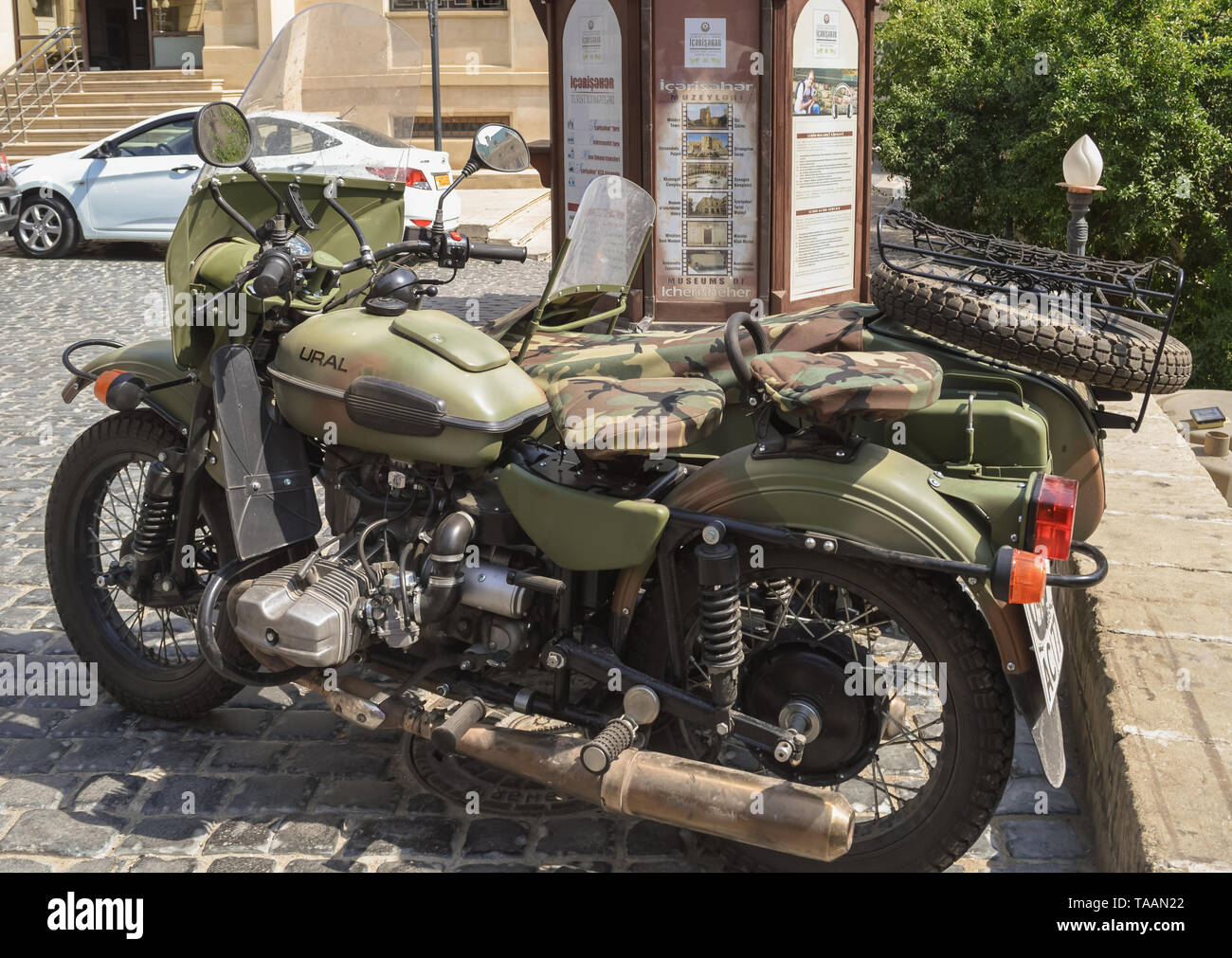 Baku, Azerbaijan, September 03, 2013: close up view of retro motorcycle URAL Stock Photo
