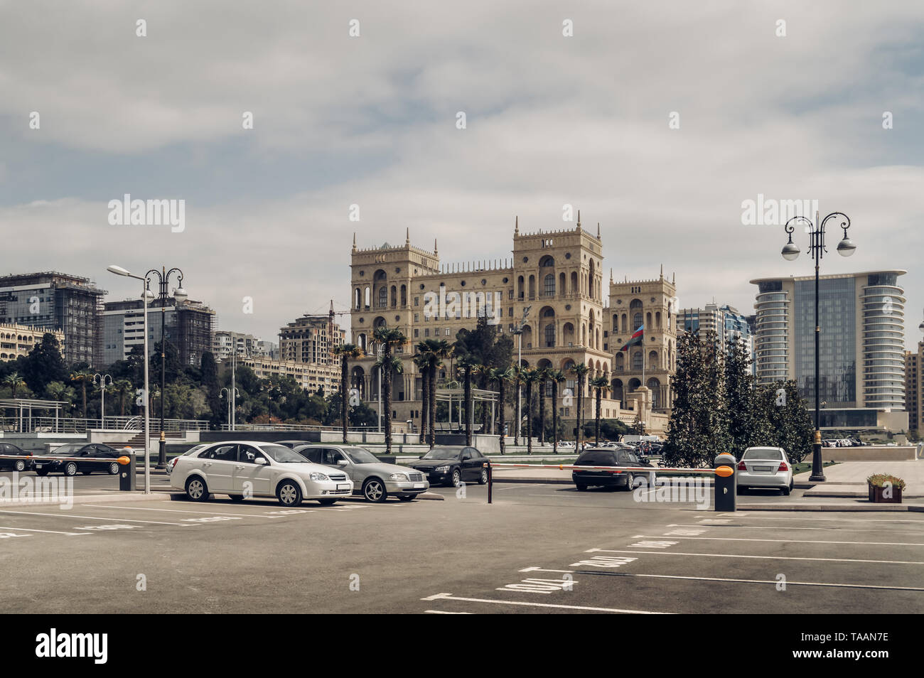 Parking lot in Baku with House of Government and cityscape on background Stock Photo