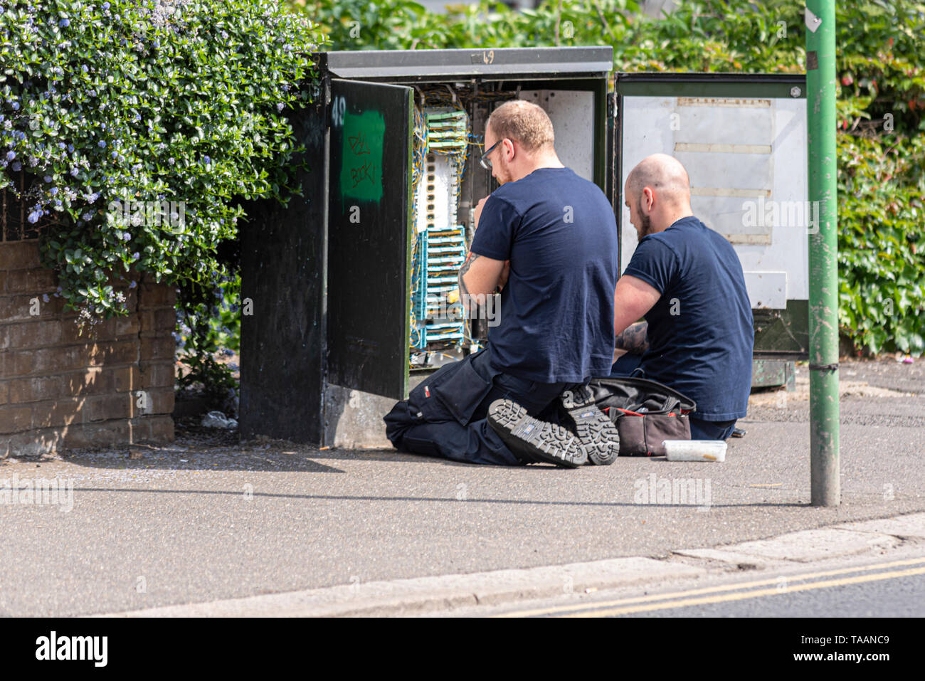 Two telecoms engineers working in a junction box. Telecom, telecommunications junction box open with engineer technicians working Stock Photo