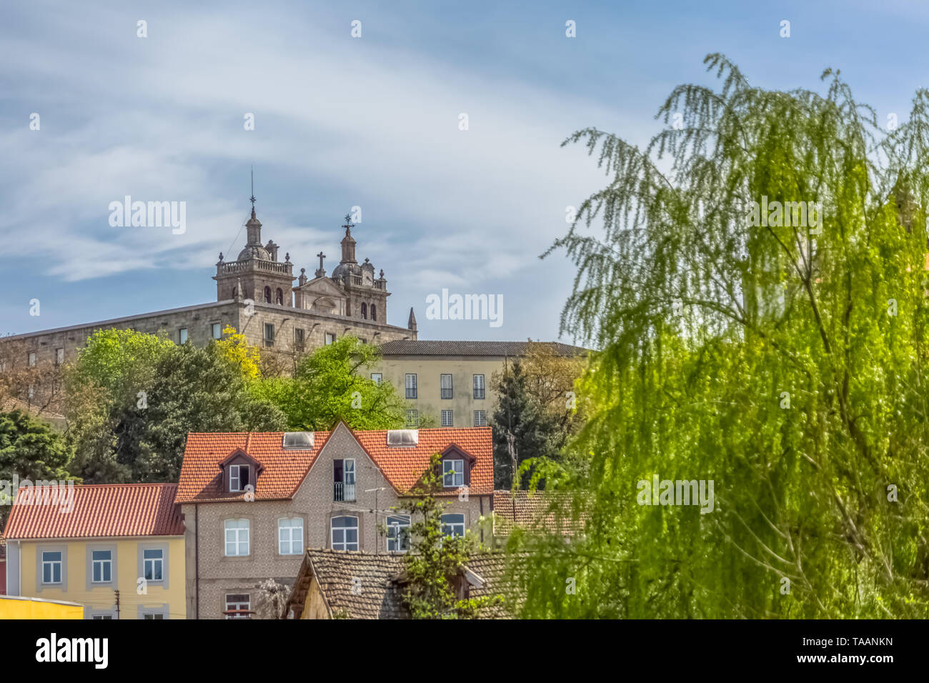 Viseu / Portugal - 04 16 2019 : View at the Viseu city, with Cathedral of Viseu on top, Sé Cathedral de Viseu, historical monument with various classi Stock Photo