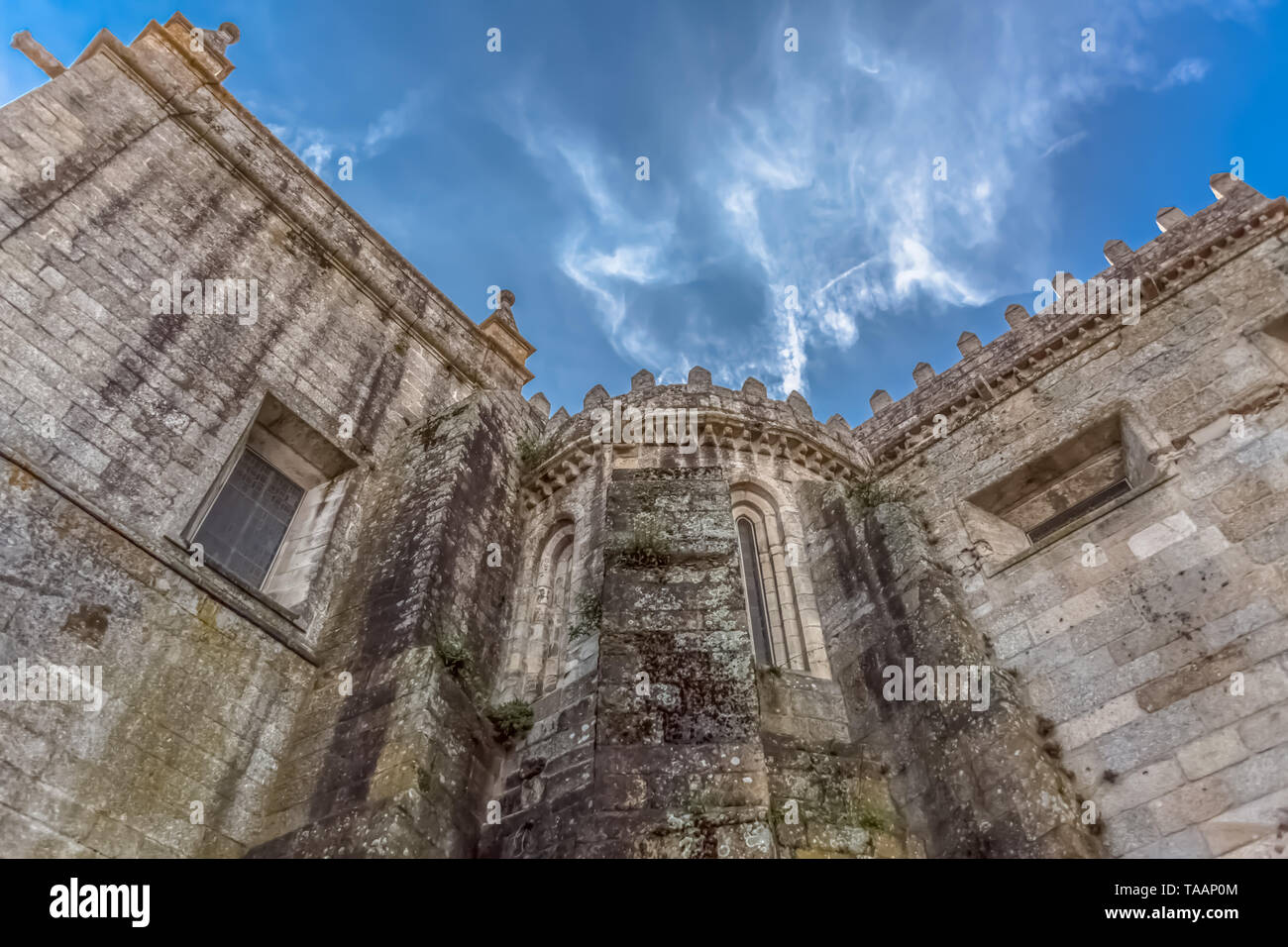 Viseu / Portugal - 04 16 2019 : Detailed view at the back facade of the Cathedral of Viseu, Sé Cathedral de Viseu, architectural icon of the city of V Stock Photo
