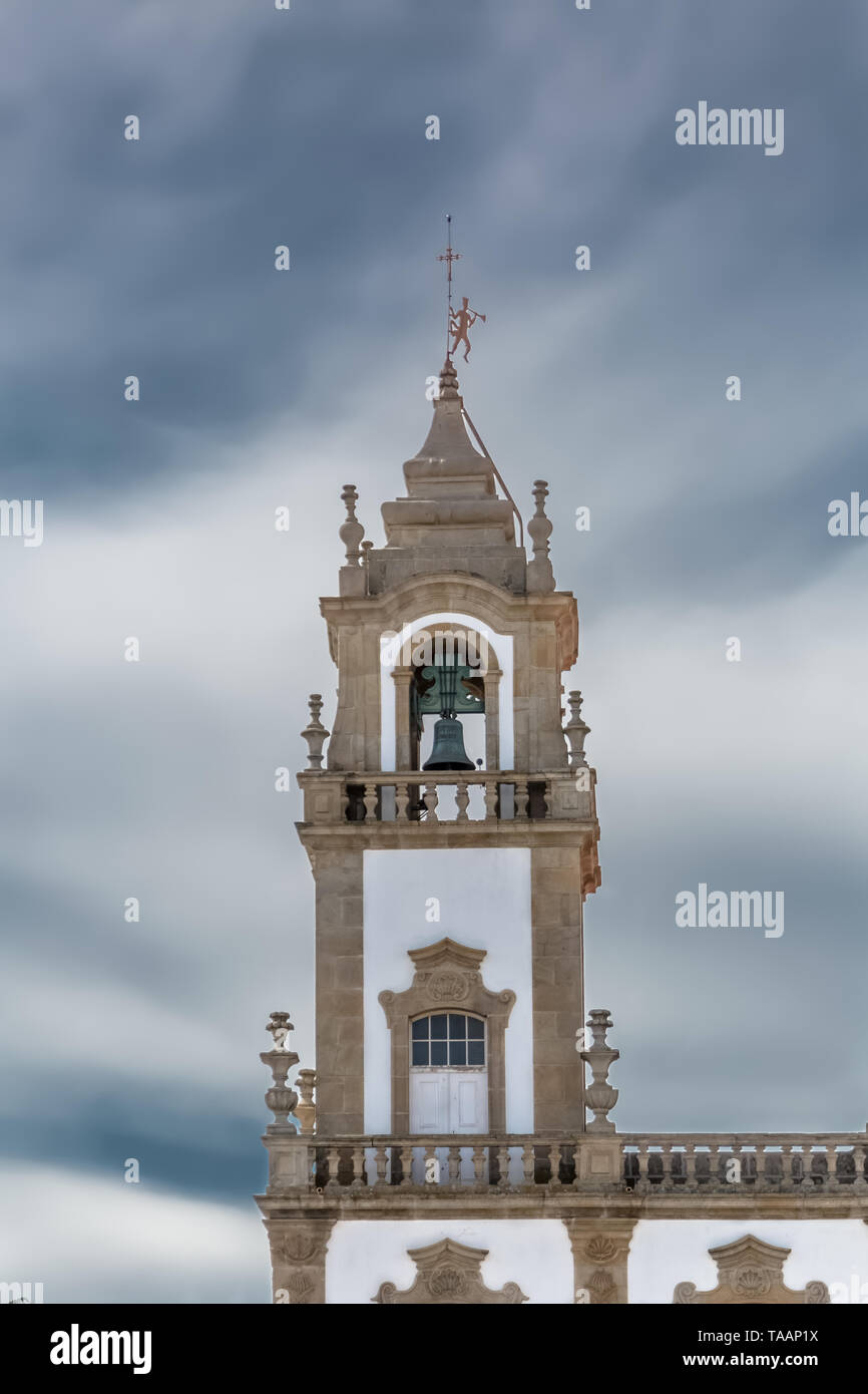 Viseu / Portugal - 04 16 2019 : View of a tower at the Church of Mercy, baroque style monument, architectural icon of the city of Viseu, in Portugal Stock Photo