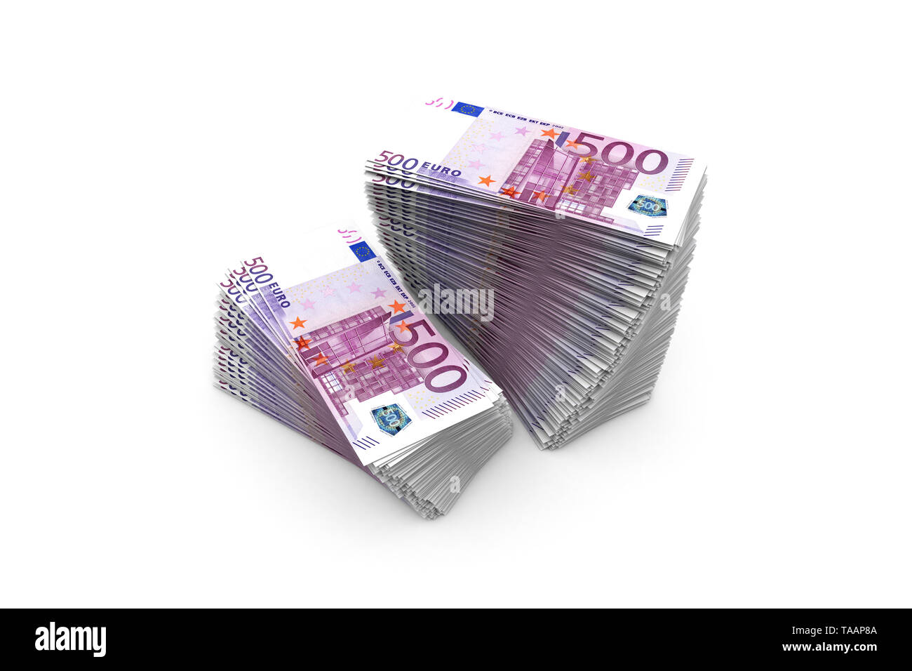 3d rendering, deck or stack of five hundred euro banknotes, perspective ...
