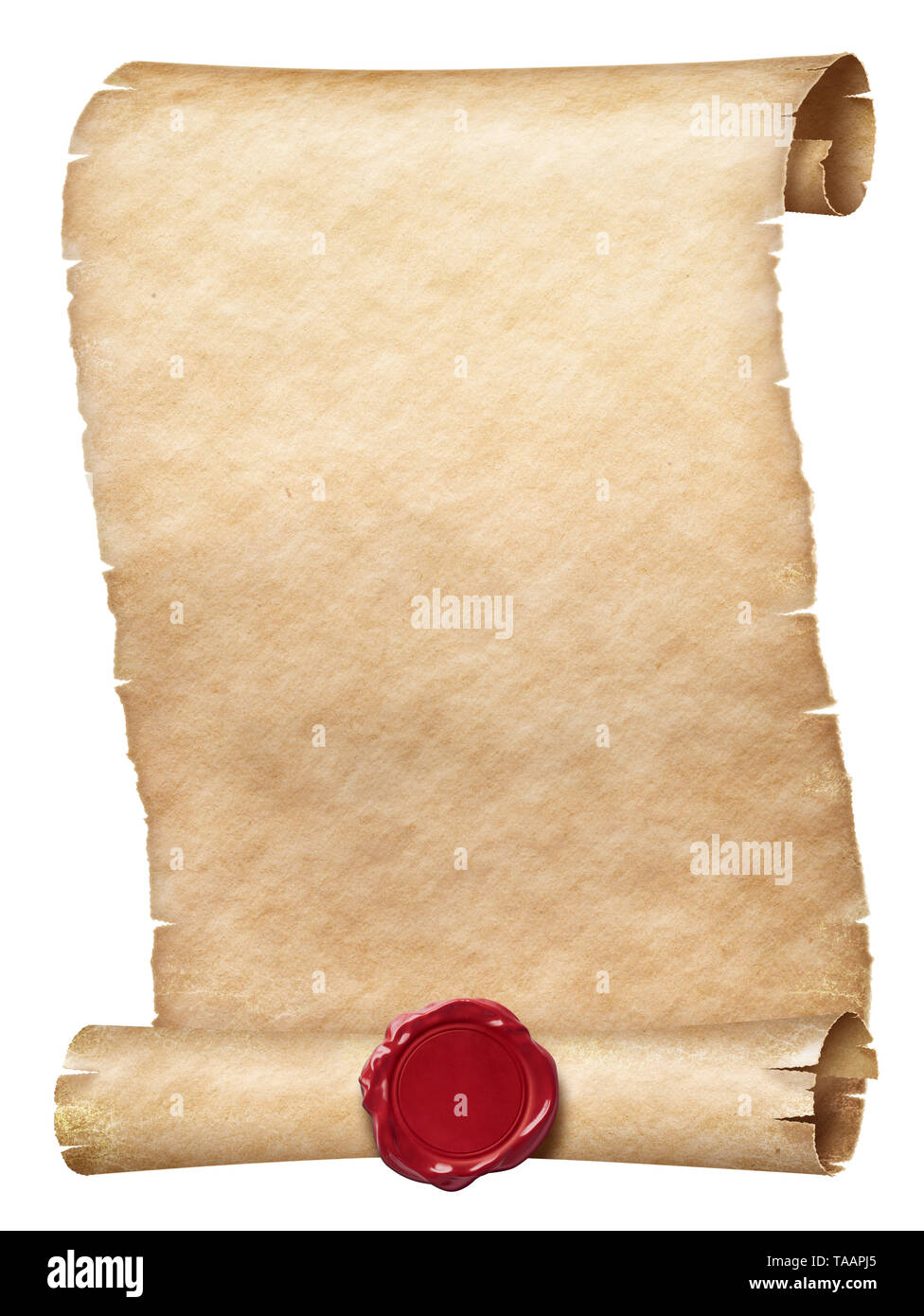 Ancient parchment scroll with wax seal isolated on white Stock Photo