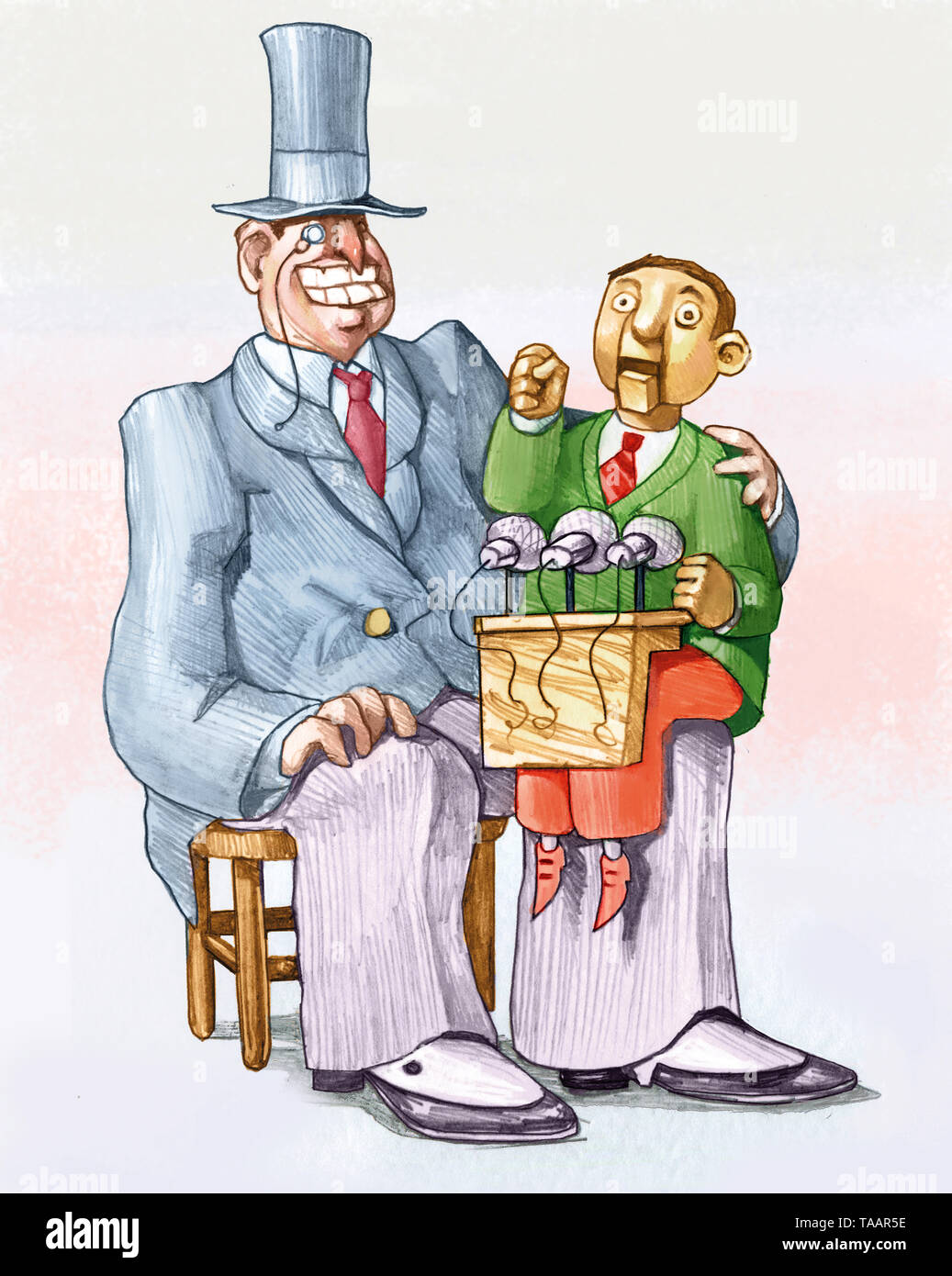 banker ventriloquist on his knees a political puppet allegory of the control of economic power over politics humorous political cartoon Stock Photo
