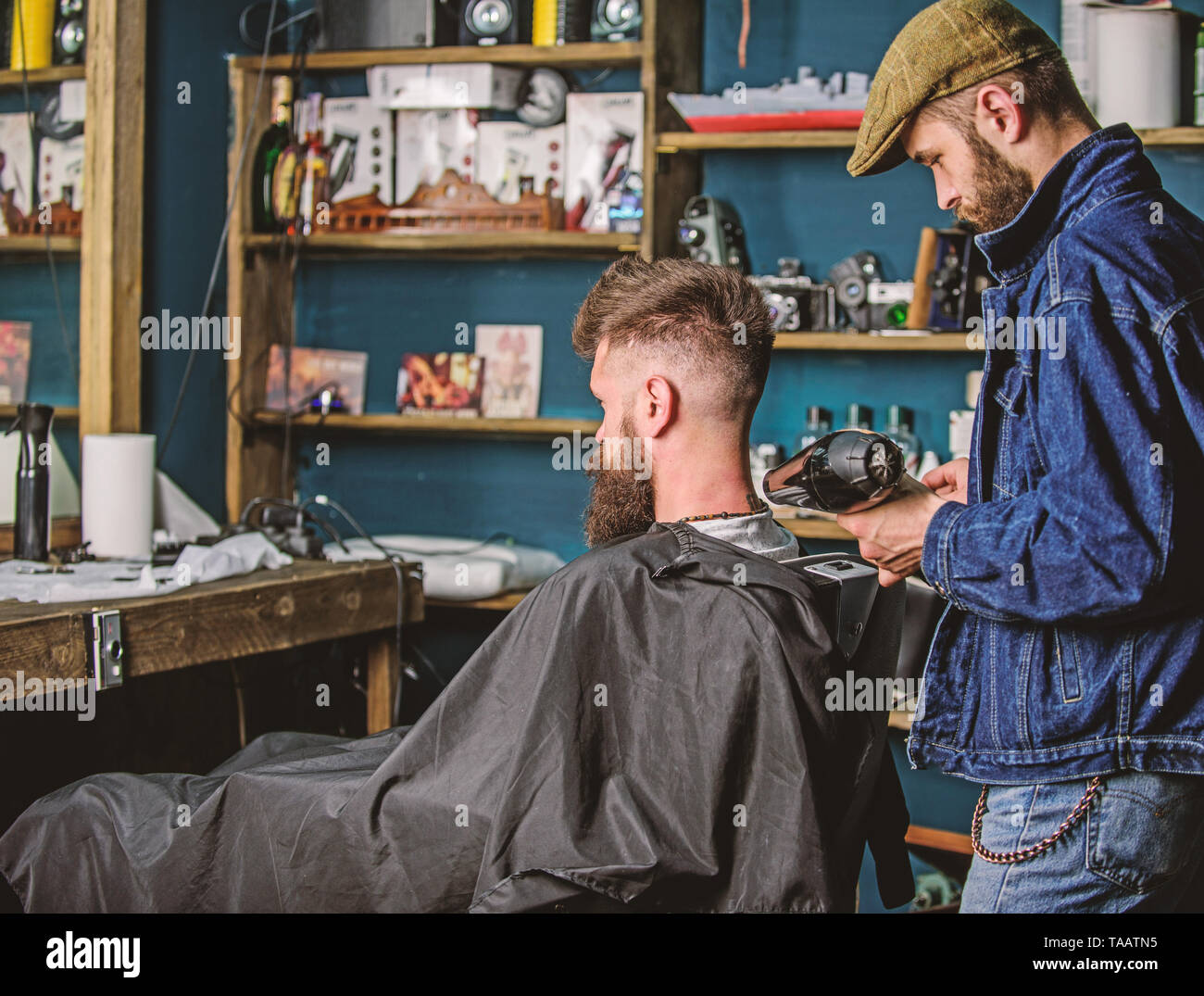 Barbershop concept. Barber with hairdryer blows off hair out of cape ...