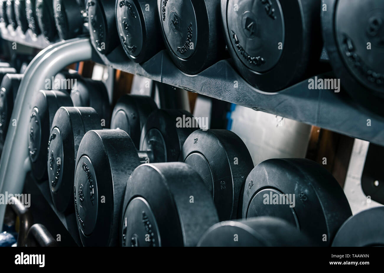 Selection of dumbbells on rack in gym Stock Photo