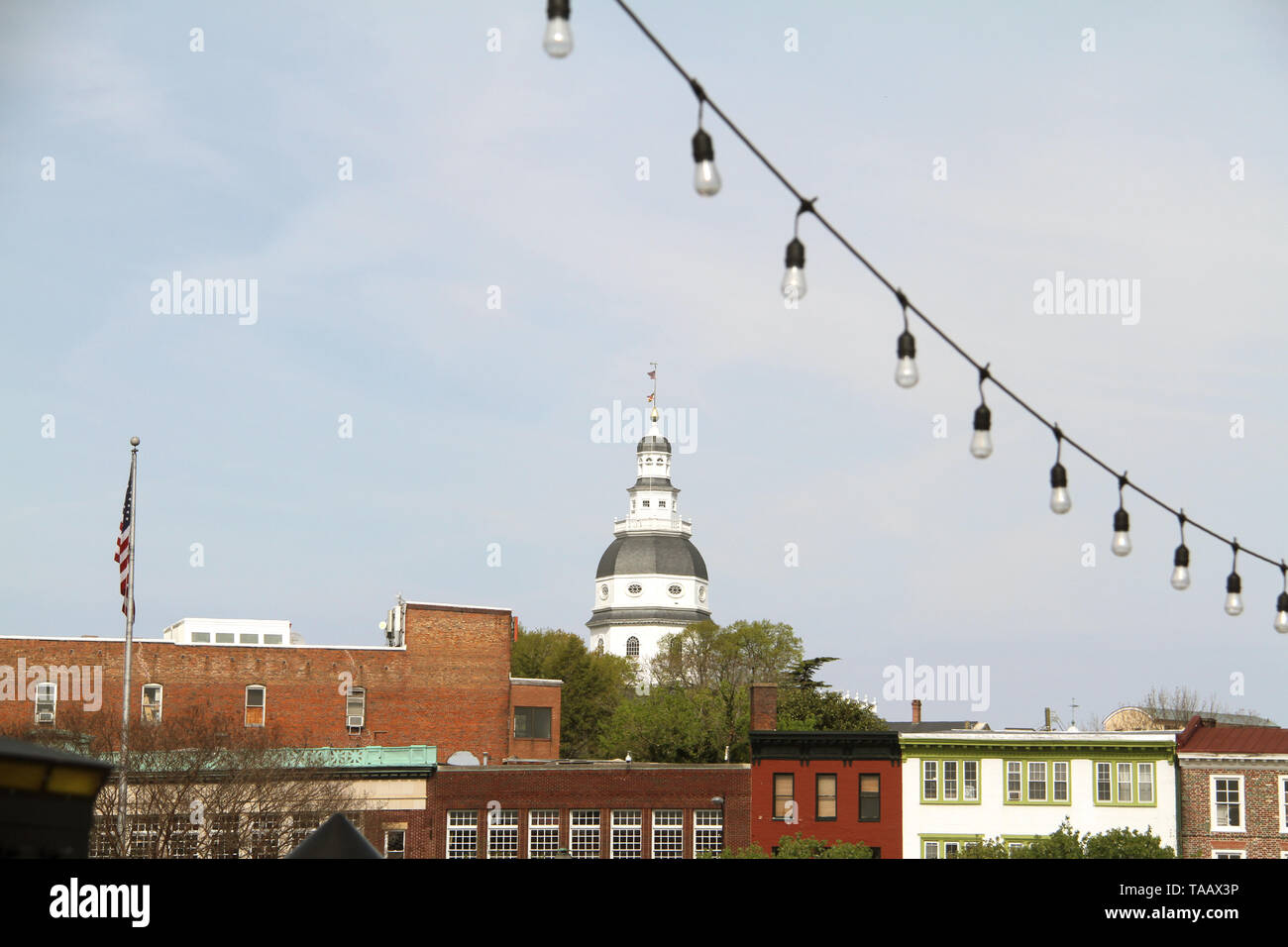 The Market Space in downtown Annapolis, with view of the Maryland State House in the back. Annapolis, MD, USA. Stock Photo