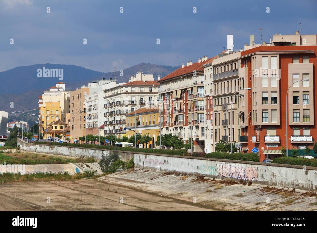 MALAGA, SPAIN - OCTOBER 4, 2014: Guadalmedina river canal in Malaga, Spain. According to UNWTO Spain was visited by 68.2 million tourists in 2015. Stock Photo