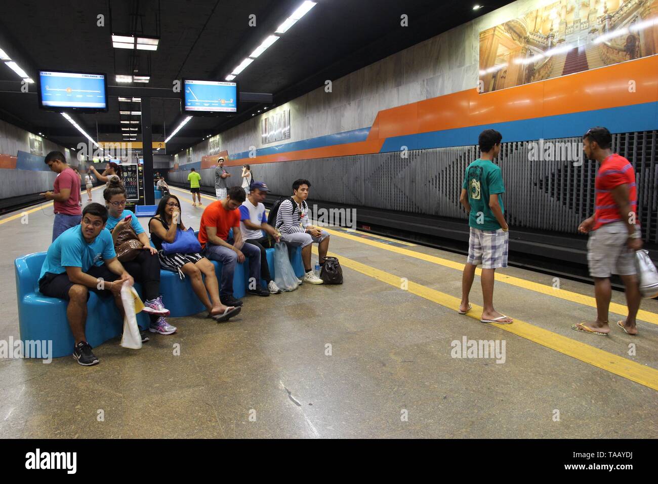 RIO DE JANEIRO, BRAZIL - OCTOBER 19, 2014: Travelers wait for metro in Rio de Janeiro. Rio Metro had 401.5 million annual rides in 2012. Stock Photo