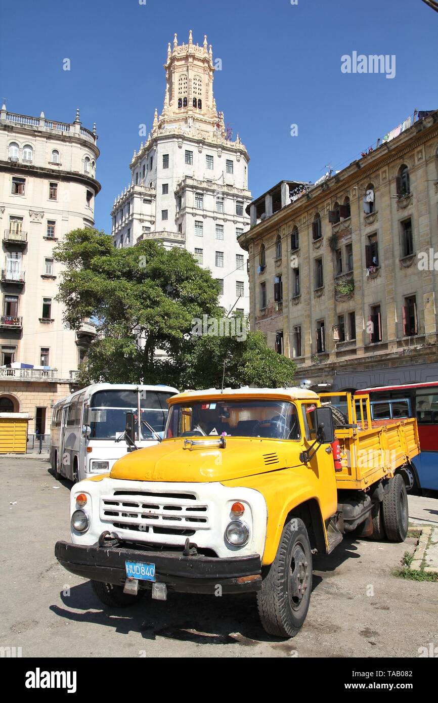 HAVANA, CUBA - JANUARY 30, 2011: Old Russian Zil truck parked in Havana, Cuba. Cuba has one of the lowest car-per-capita rates (38 per 1000 people in  Stock Photo