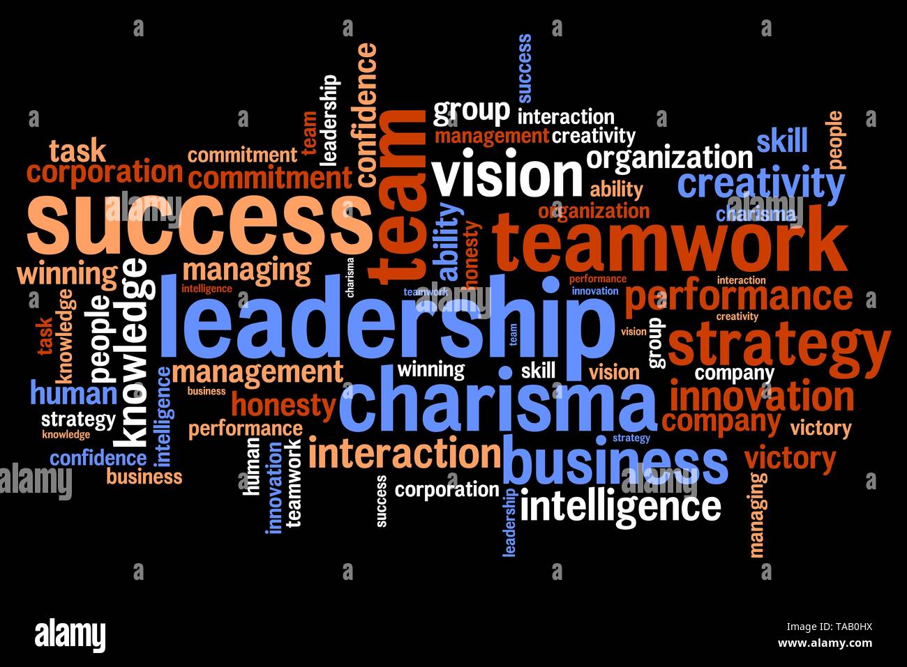 Leadership and teamwork word cloud illustration. Word collage concept. Stock Photo