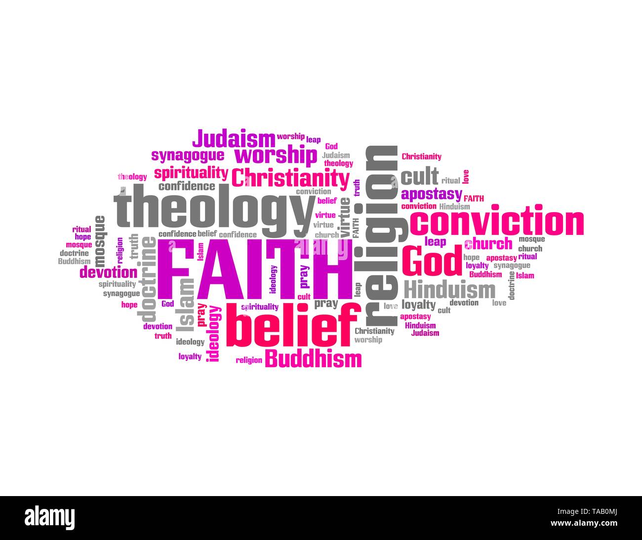 Faith - belief in God or other high power. Word cloud sign. Stock Photo