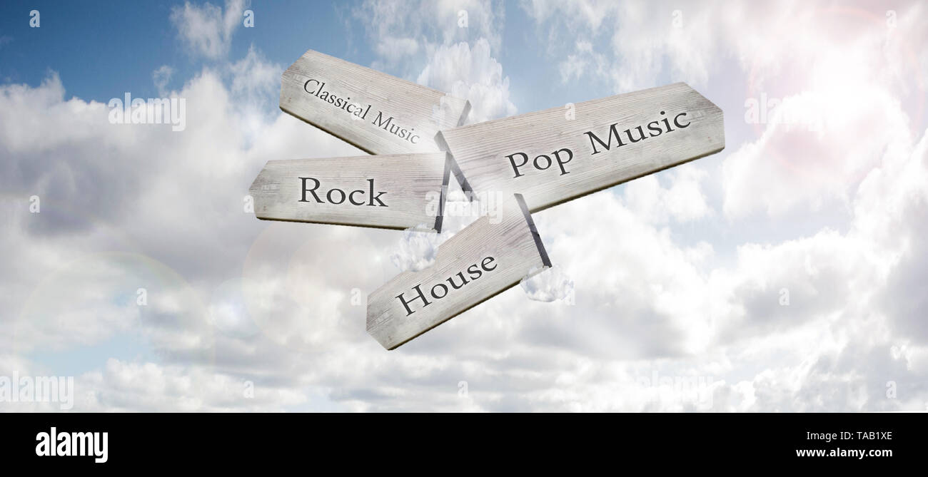 A wooden way-marker sign pointing to different music genres in a blue sky Stock Photo