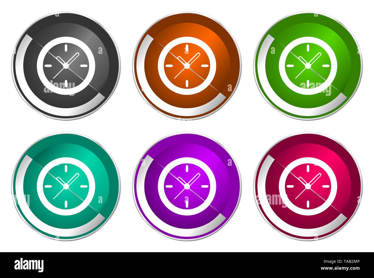 Watch, clock symbol, set of silver metallic round icons in six colors ...