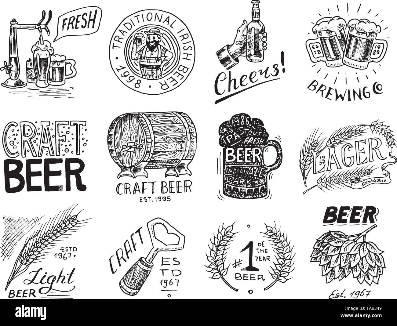 Vintage beer badge. Set of Alcoholic Label with calligraphic elements. Classic American frame for poster banner. Cheers toast. Hand drawn engraved Stock Vector