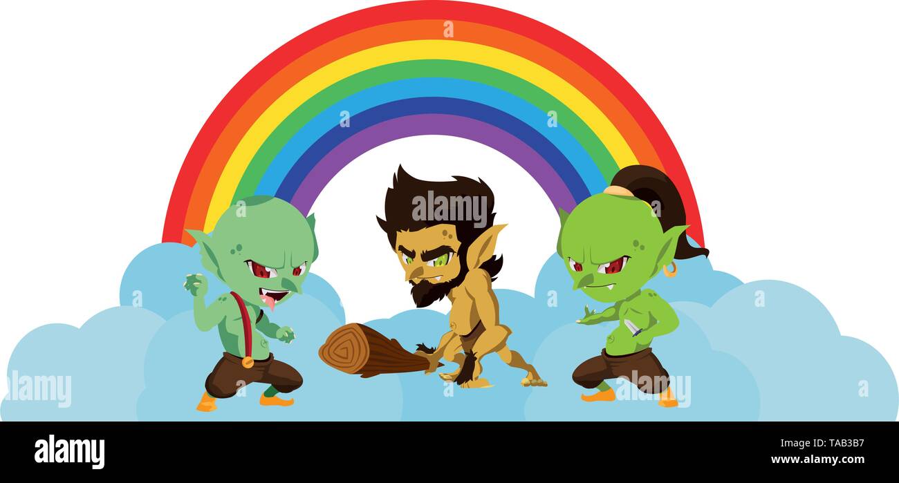 ugly trolls with caveman gnome and rainbow scene vector illustration ...
