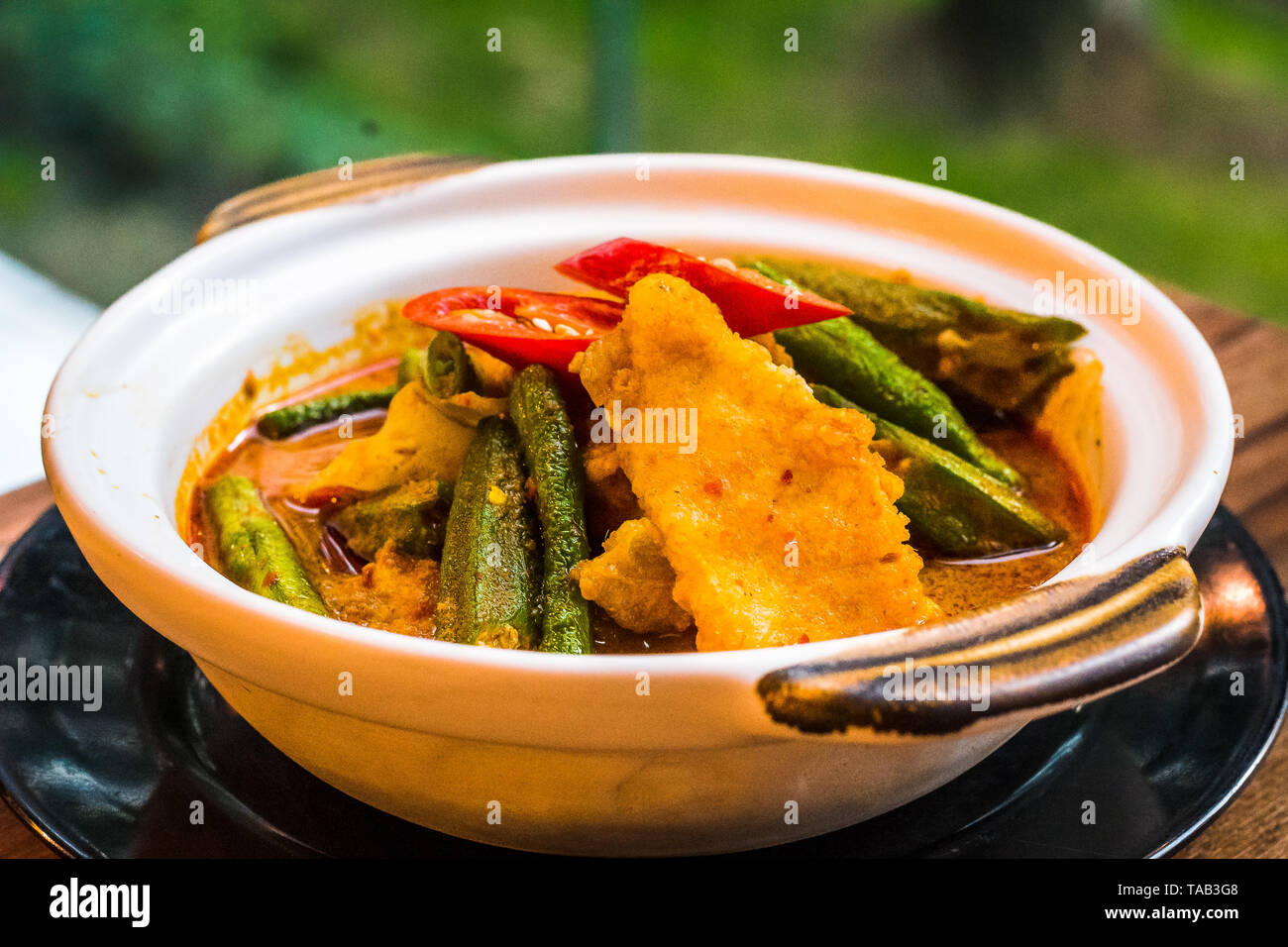 Mild fish curry with chilli, lady's fingers, okra, long beans, snap