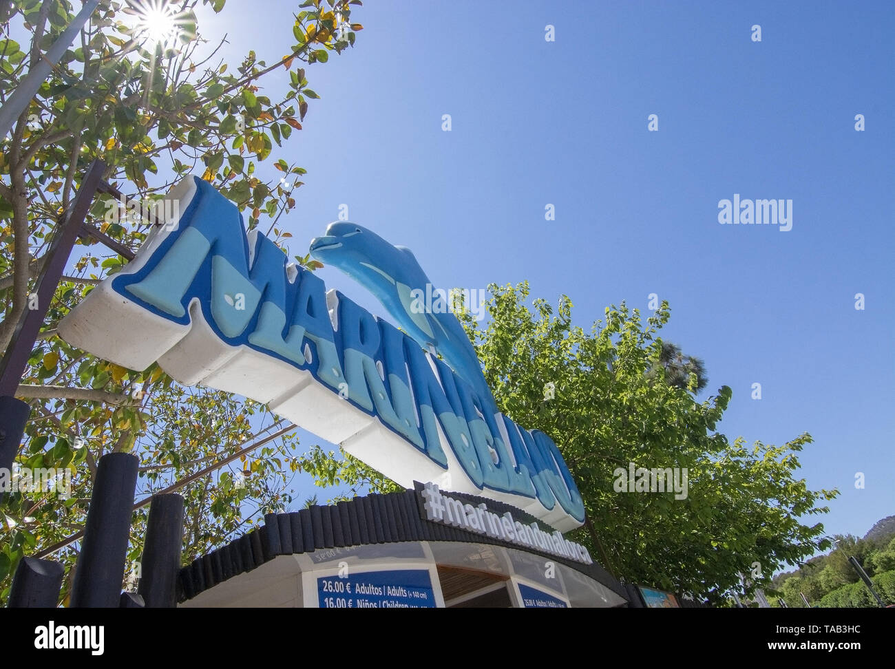 PALMA, MALLORCA, SPAIN - MAY 22, 2019: Entrance sign at Marineland on a sunny day on May 22, 2019 in Palma, Mallorca, Spain. Stock Photo