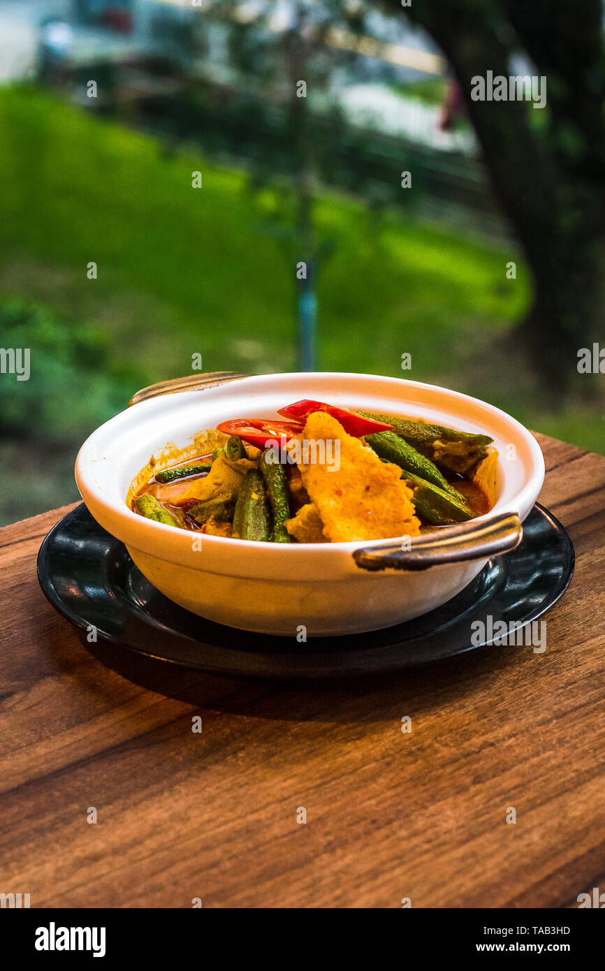 Mild fish curry with chilli, lady's fingers, okra, long beans, snap