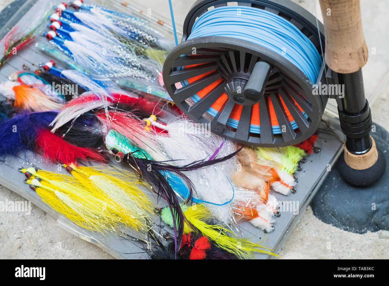 Saltwater fly fishing flies and fly rod and reel Stock Photo - Alamy