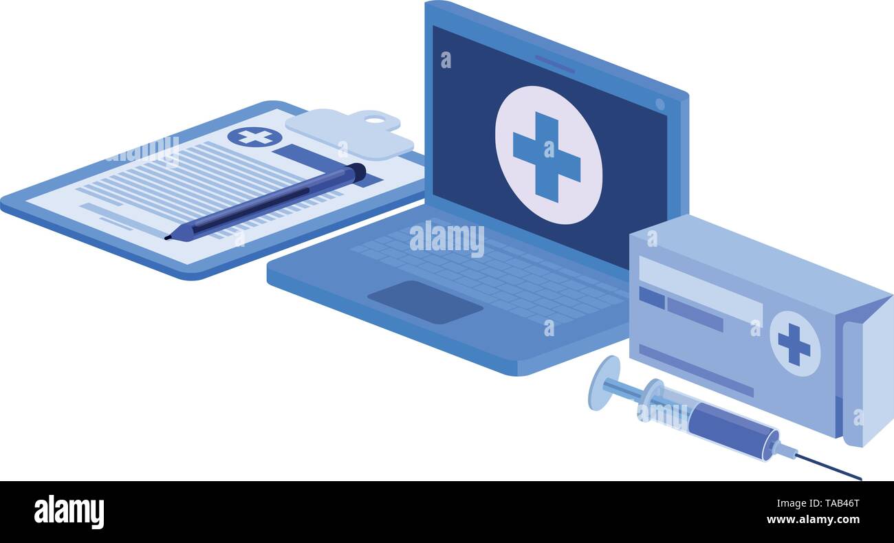 laptop and laboratory instruments isolated icon Stock Vector