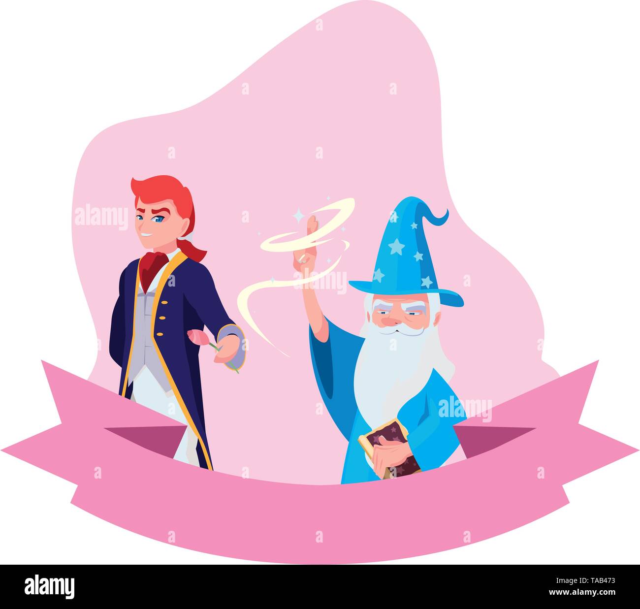 prince charming and wizard of tales characters vector illustration