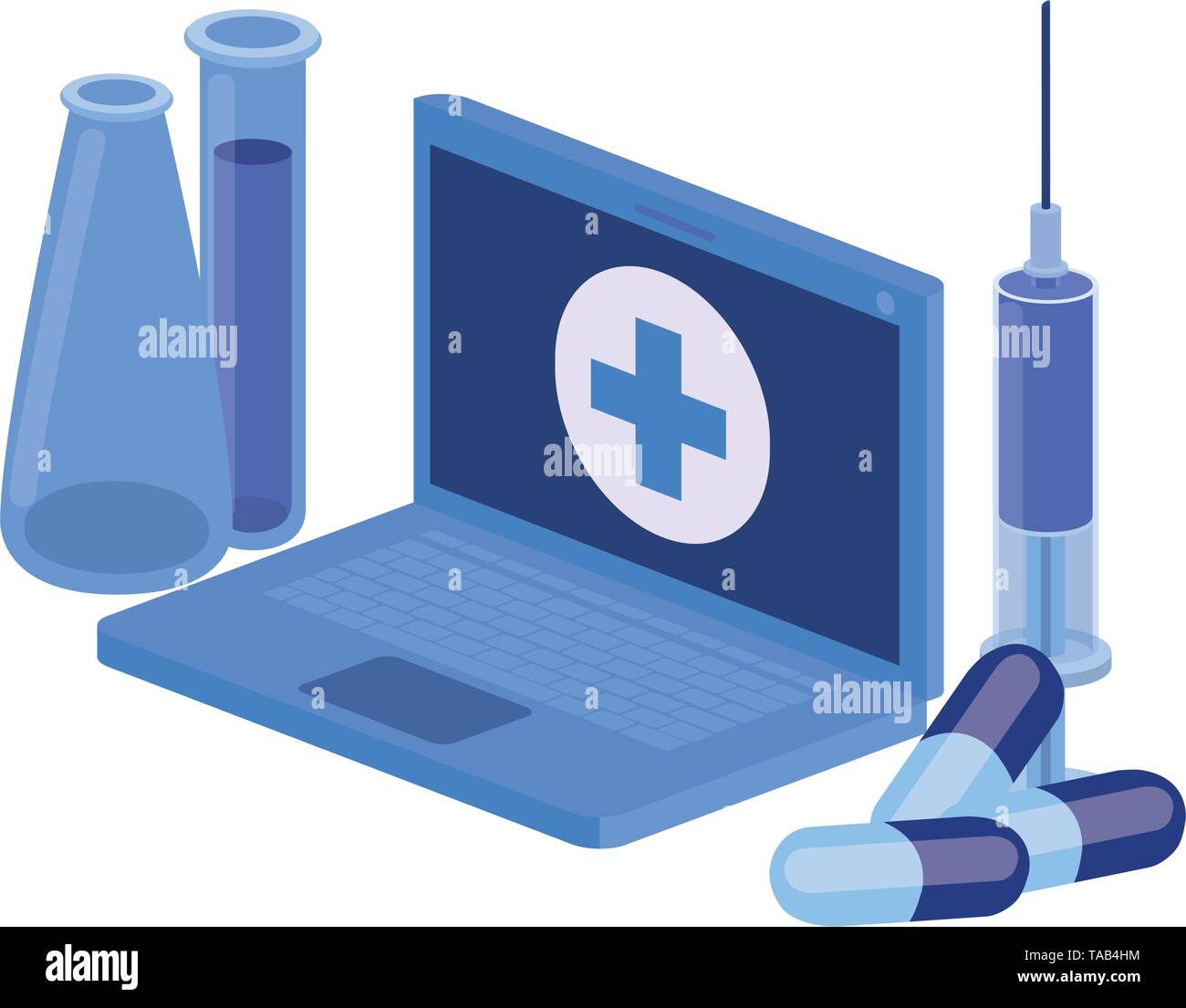 laptop and laboratory instruments isolated icon Stock Vector