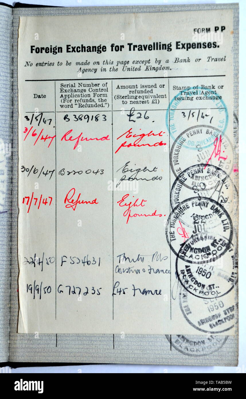 Foreign exchange page showing transactions from the late 1940's at the back of an old style vintage blue British passport Stock Photo