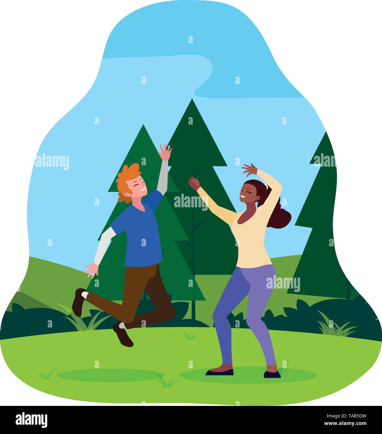 interracial young couple celebrating in the camp vector illustration ...