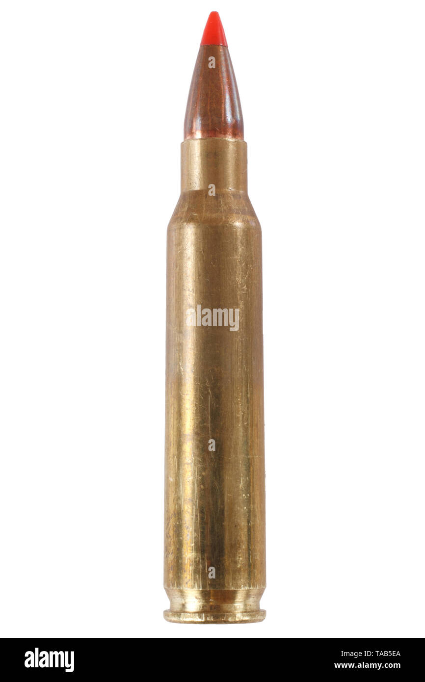 The 5.56×45mm NATO rimless bottlenecked intermediate cartridge isolated