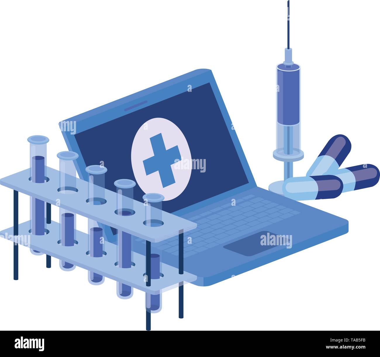 laptop and laboratory instruments isolated icon Stock Vector