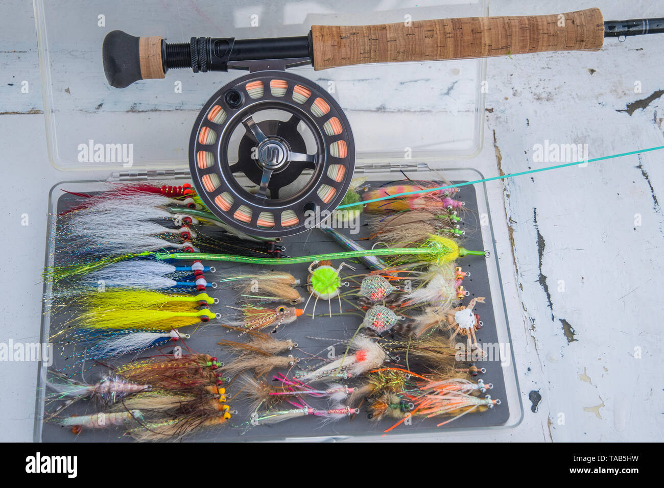 Saltwater fly fishing flies and fly rod and reel Stock Photo - Alamy
