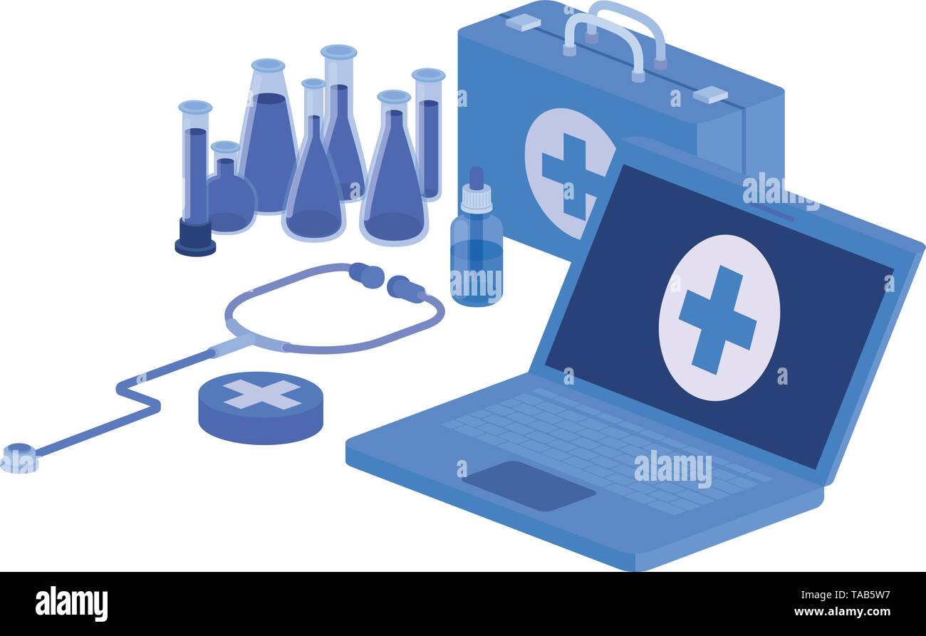 laptop and laboratory instruments isolated icon Stock Vector