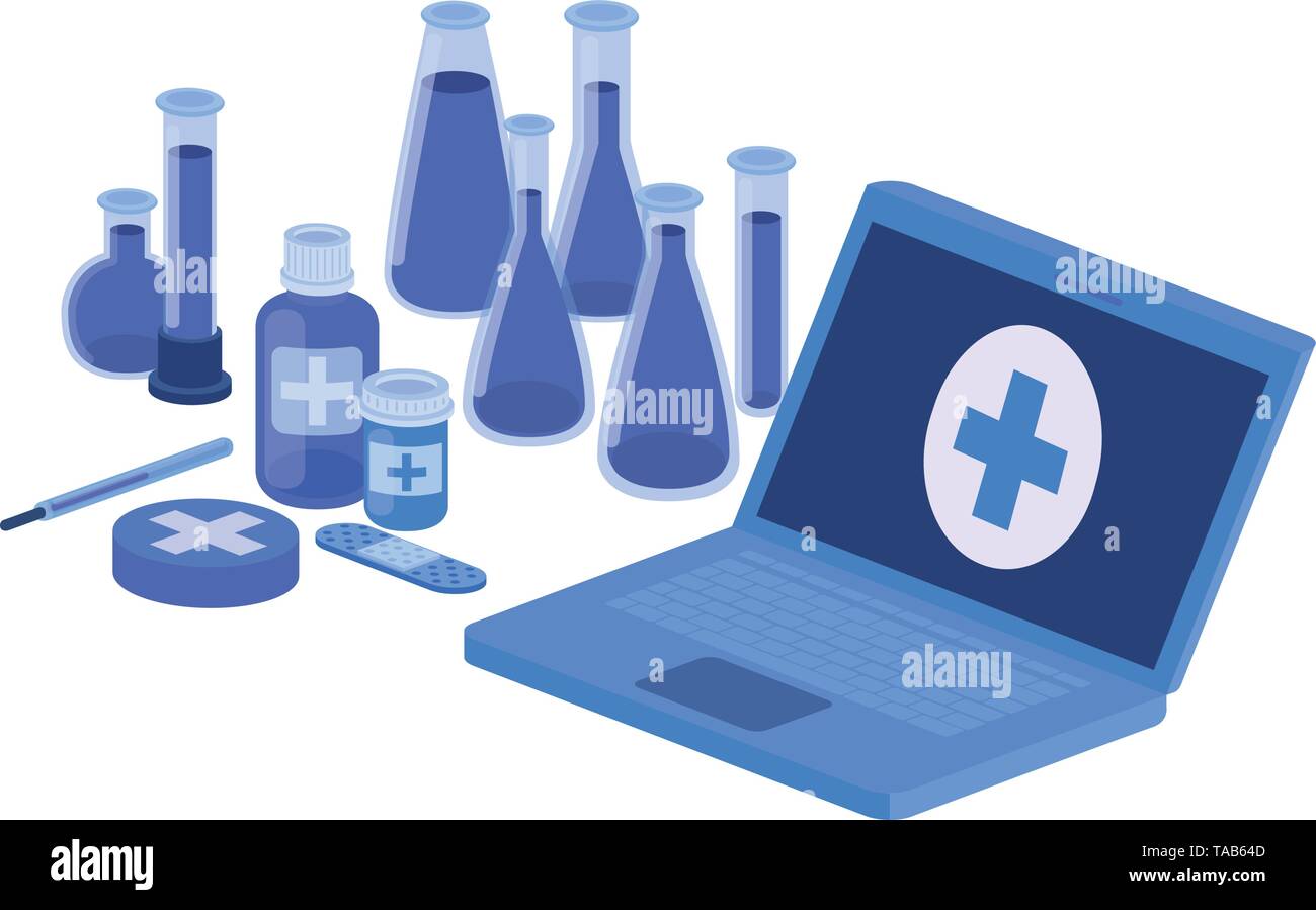 laptop and laboratory instruments isolated icon Stock Vector