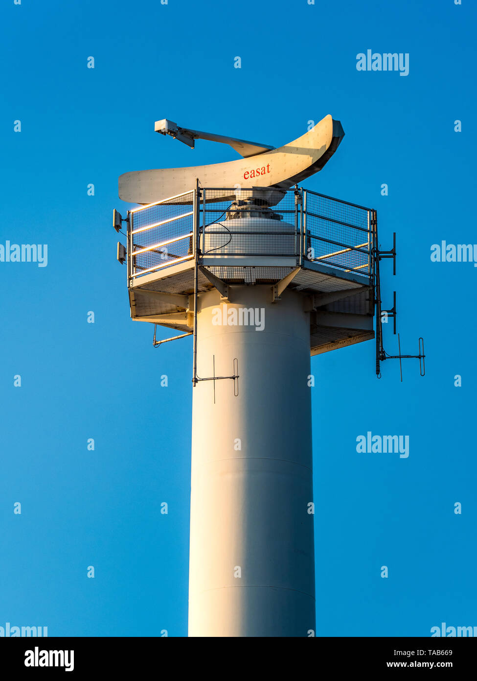 The Easat marine radar dish at the entrance to the port of Felixstowe in Suffolk, UK. Felixstowe is the UKs main container shipping port. Stock Photo