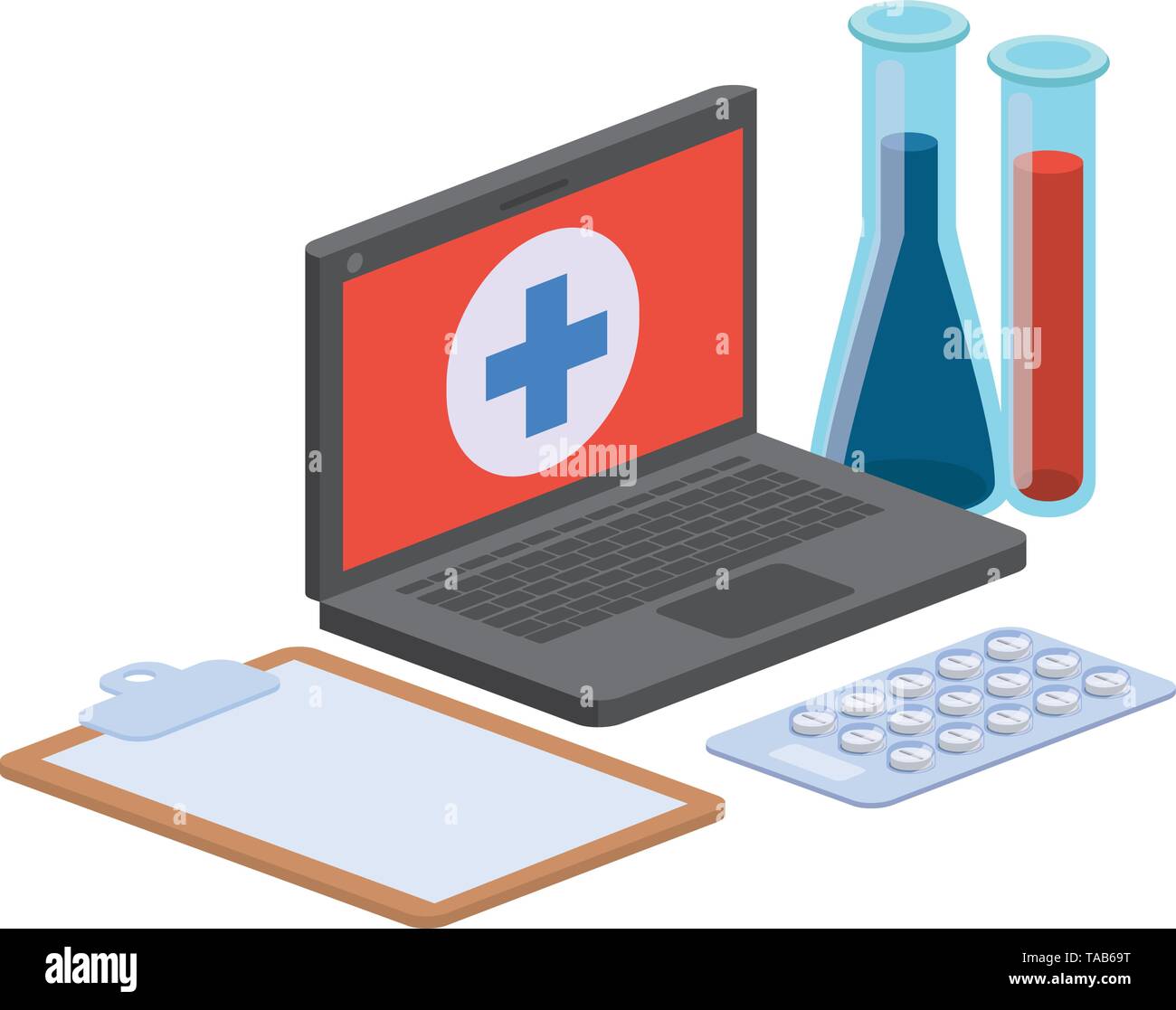 laptop and laboratory instruments isolated icon Stock Vector