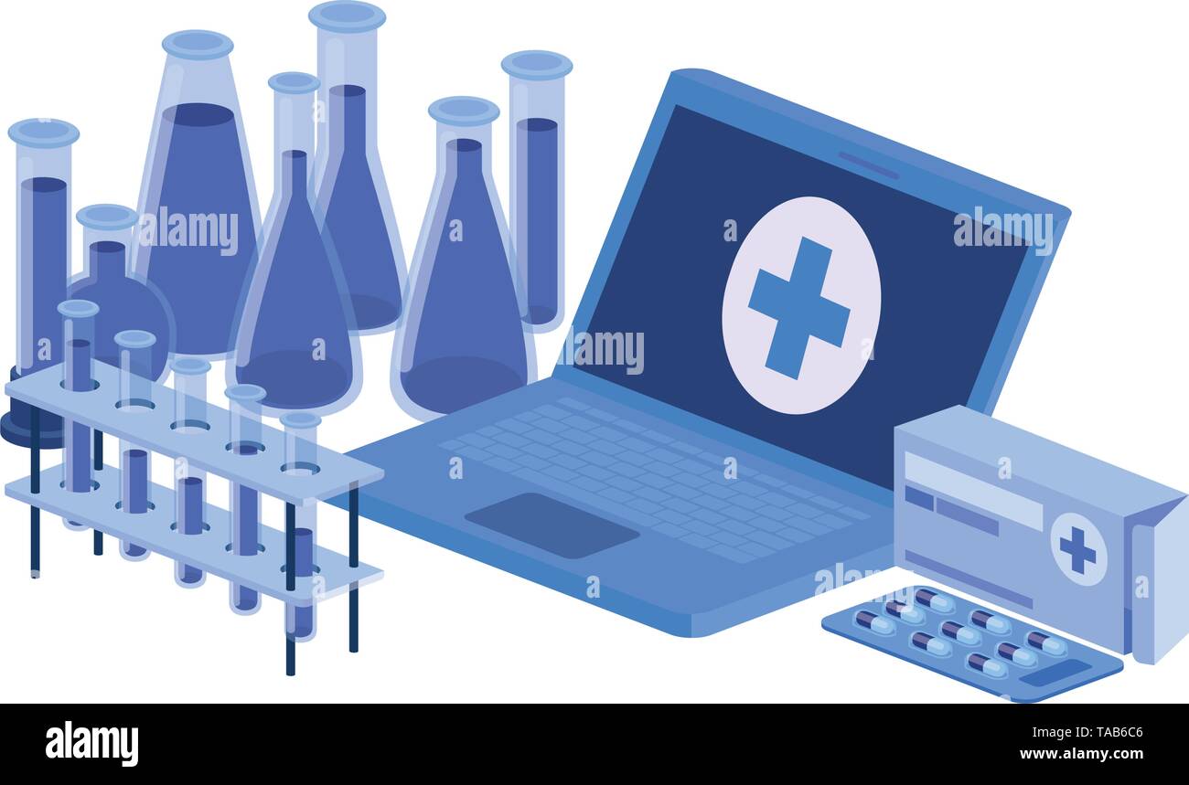 laptop and laboratory instruments isolated icon Stock Vector