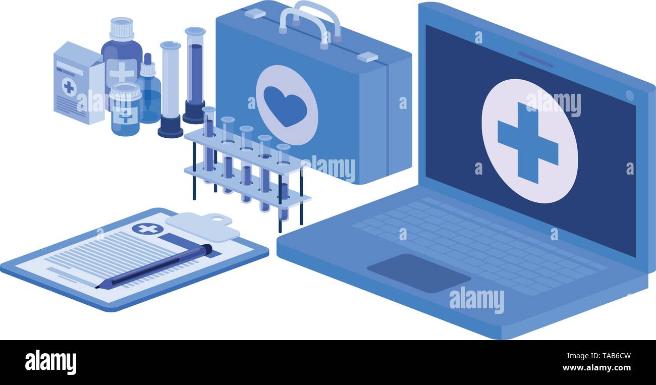 laptop and laboratory instruments isolated icon Stock Vector