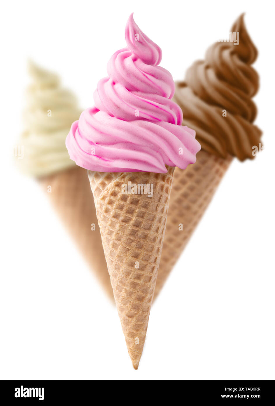 different sorts of ice cream in a waffles isolated on white background Stock Photo