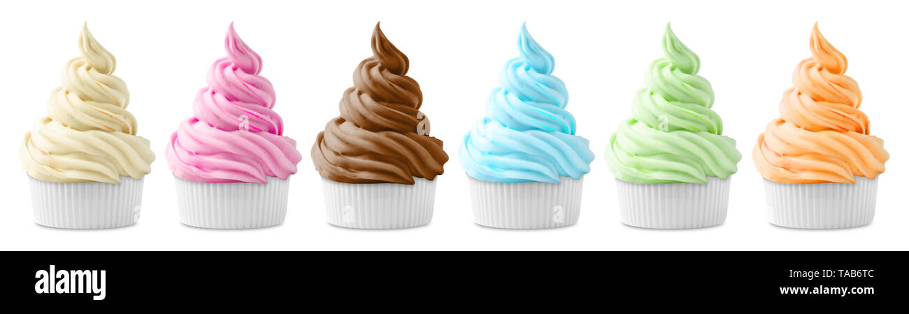 different sorts of ice cream or cup cakes on white background Stock Photo