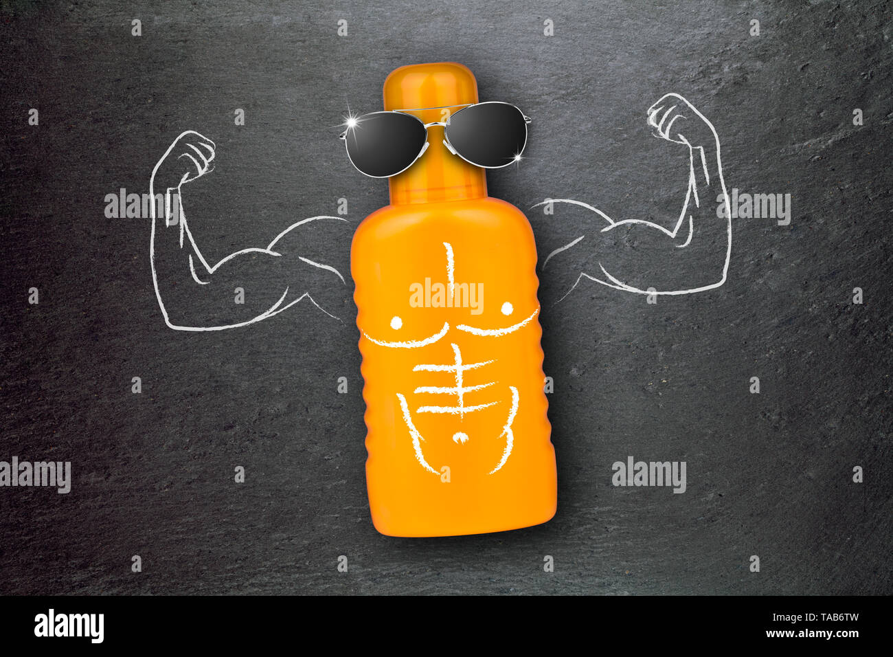 sun lotion with muscle arms and sunglasses illustration Stock Photo