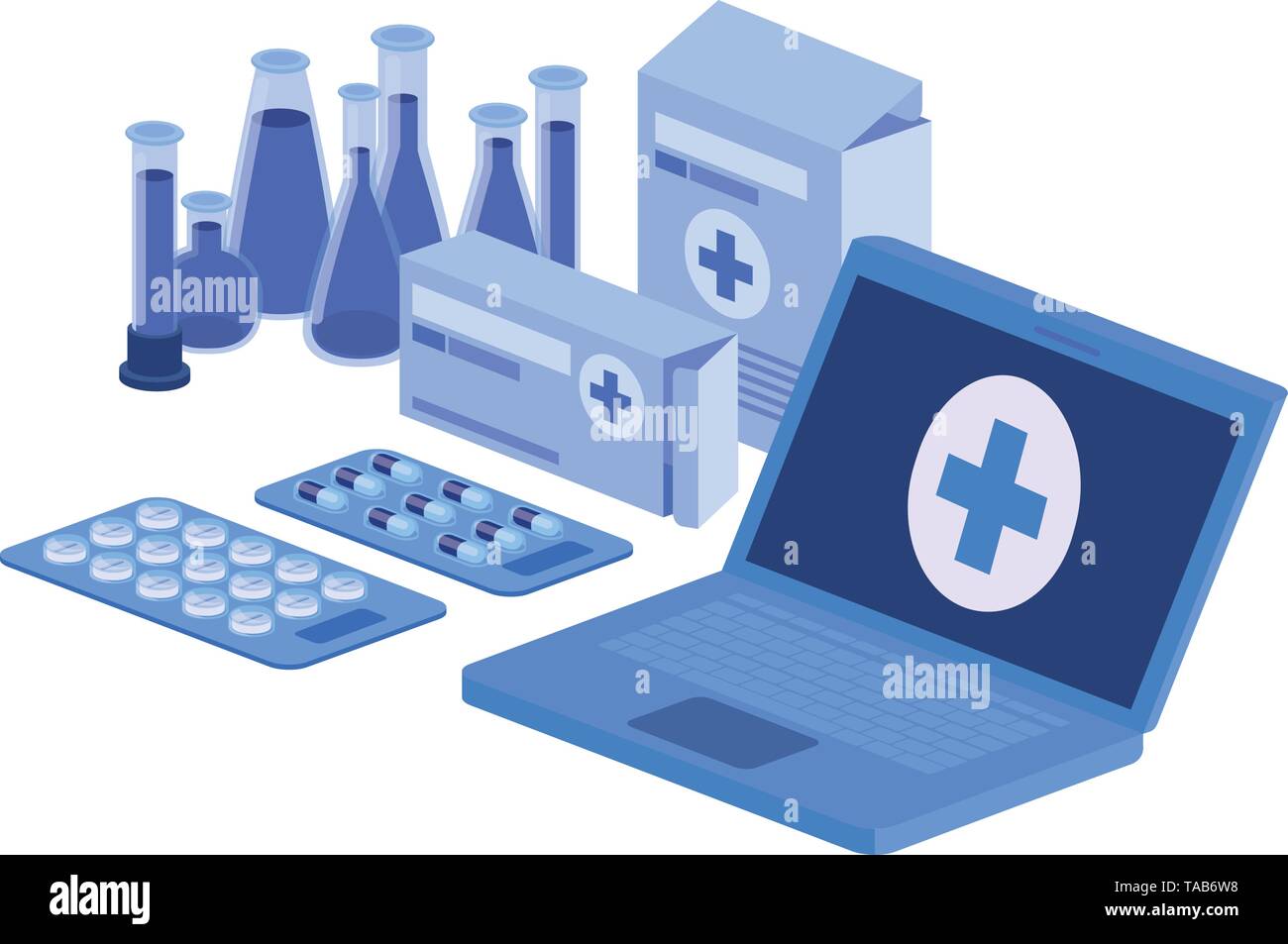 laptop and laboratory instruments isolated icon Stock Vector